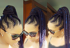 fishbone braid ponytail with purple and blue weave