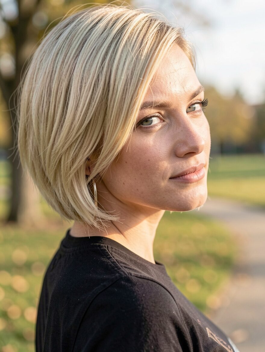 Pixie haircut graduated layers and side swept bangs