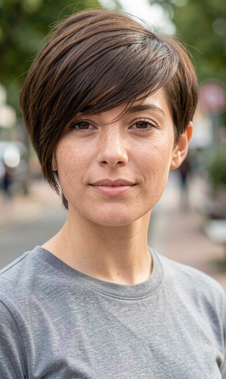 Pixie haircut with full forehead bangs