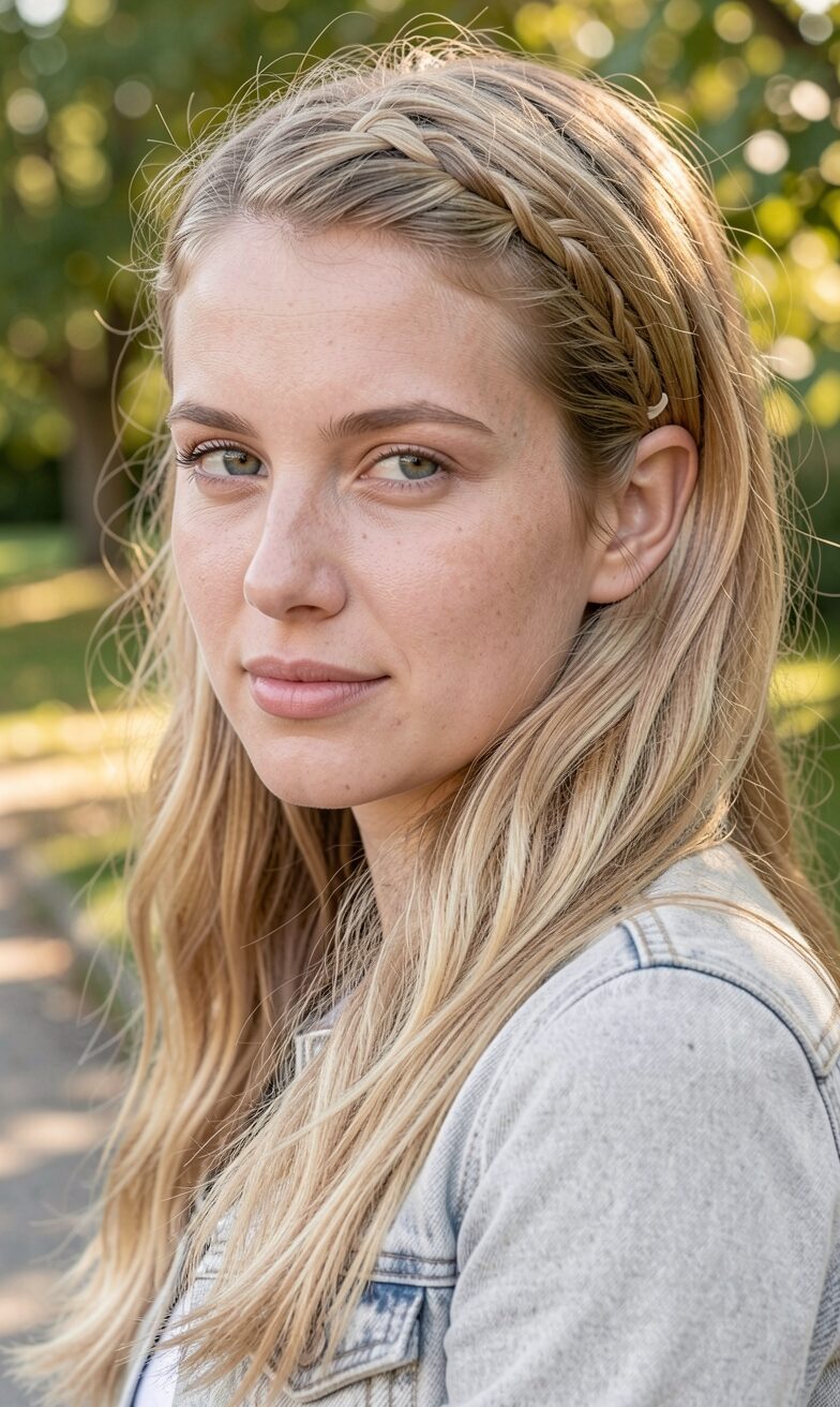 Hair worn down with a thin braid in front