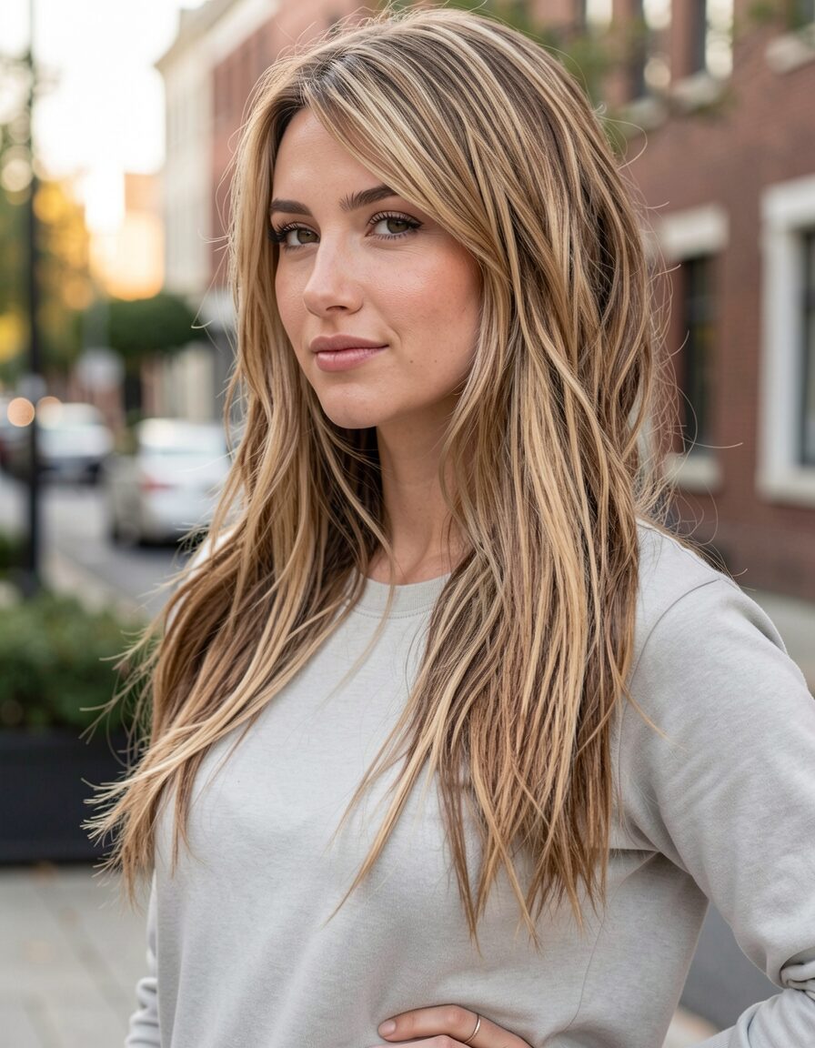 long Brown Hair with Blonde Highlights