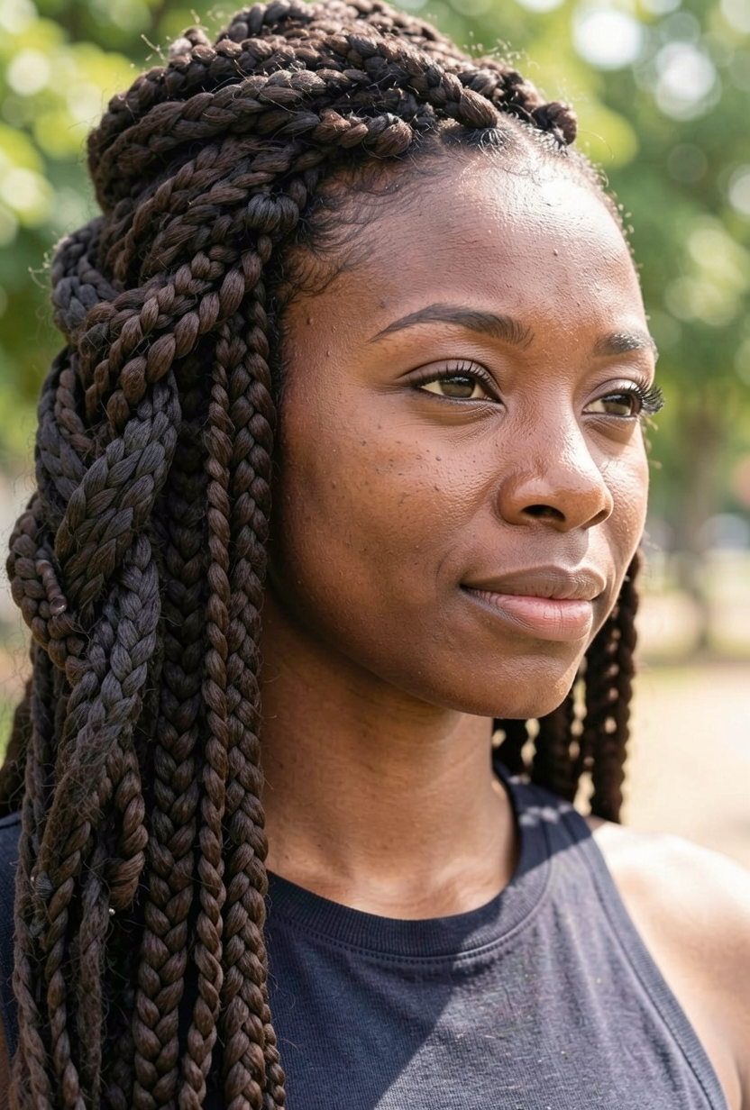 Side Braided Dark Brown Box Braids