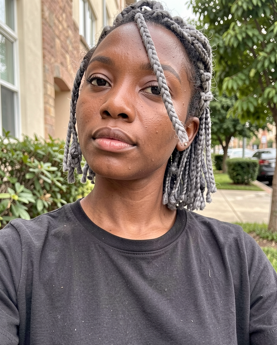 Box Braid Blunt Cut With Silver Color