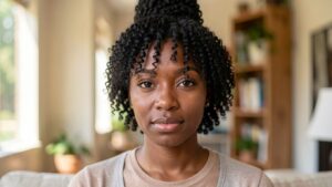 High bun and curly bangs