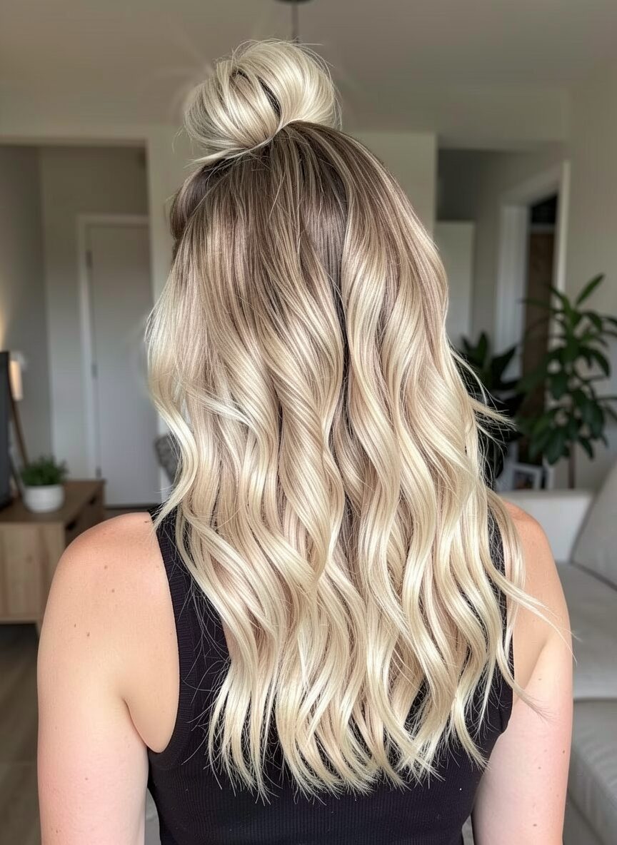 Half Top Knot and Beachy Blonde Waves