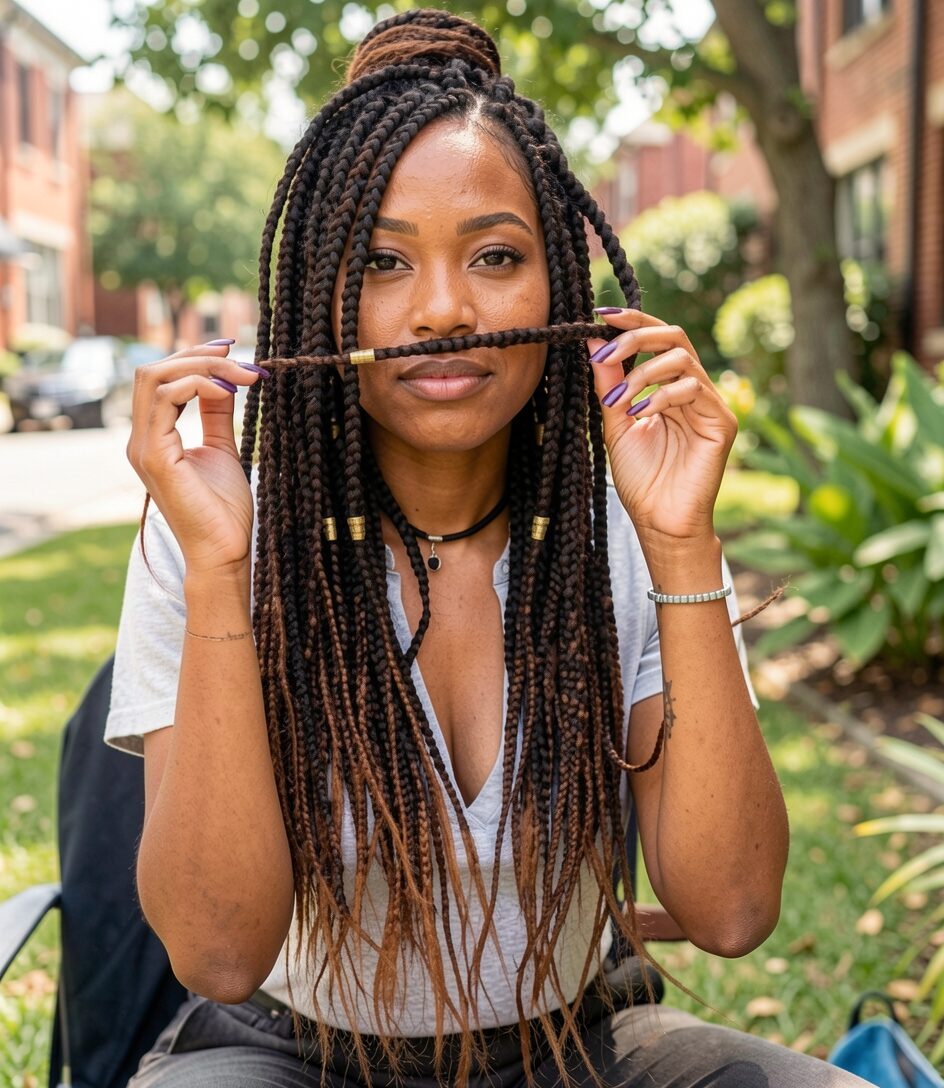 Box Braid String Chunky Auburn Box Braids with Golden Strings | HairStyleMojo