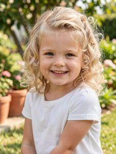 medium length curly hair with curly bangs