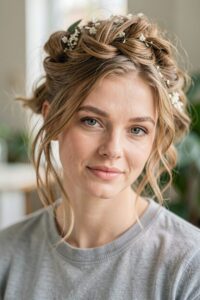 thick braid crown with flowers