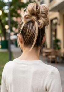 messy bun with hair bow