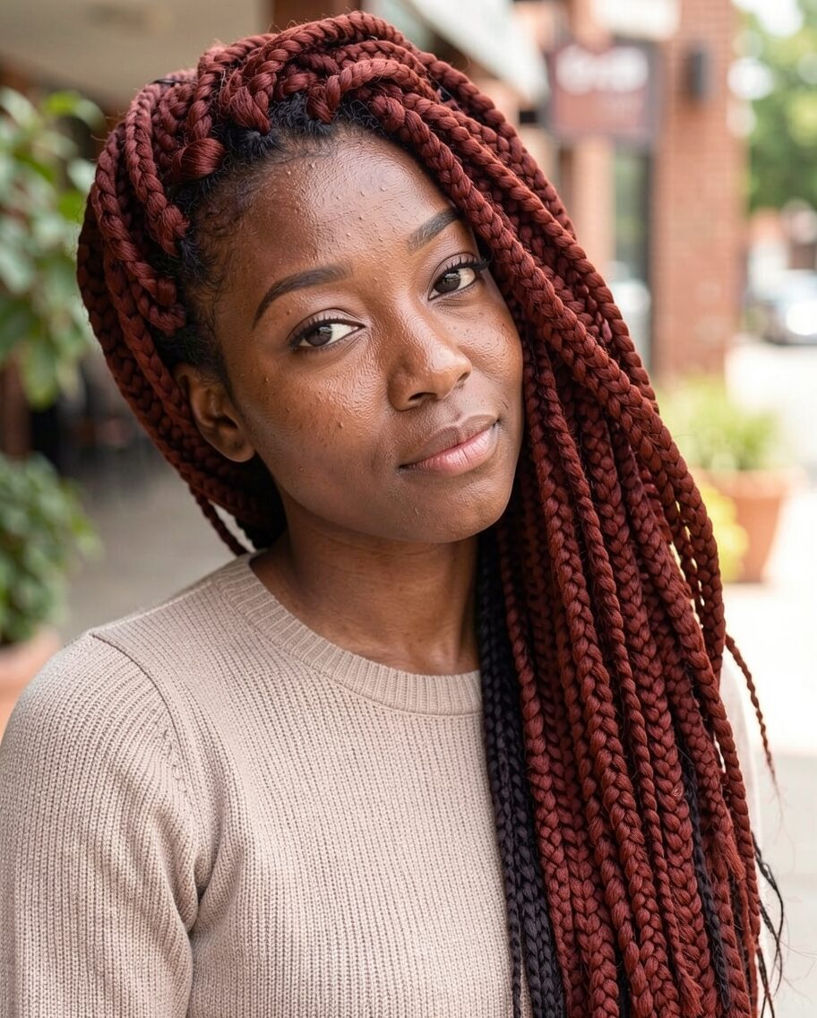 Muted red large crochet box braids