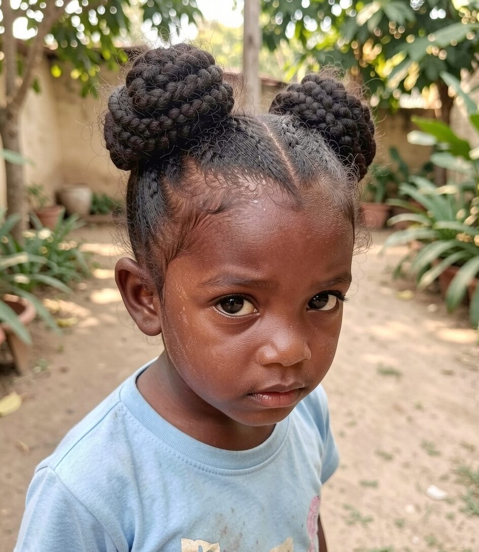 Two pigtail buns with braids for girls