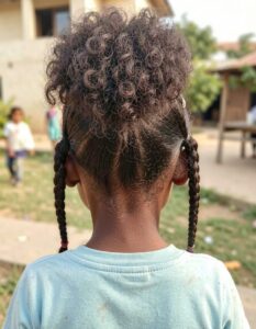high puff with beads and a front braid