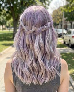 Prom Hairstyles for Medium Hair - Loose Waterfall Braid and Purple Tones
