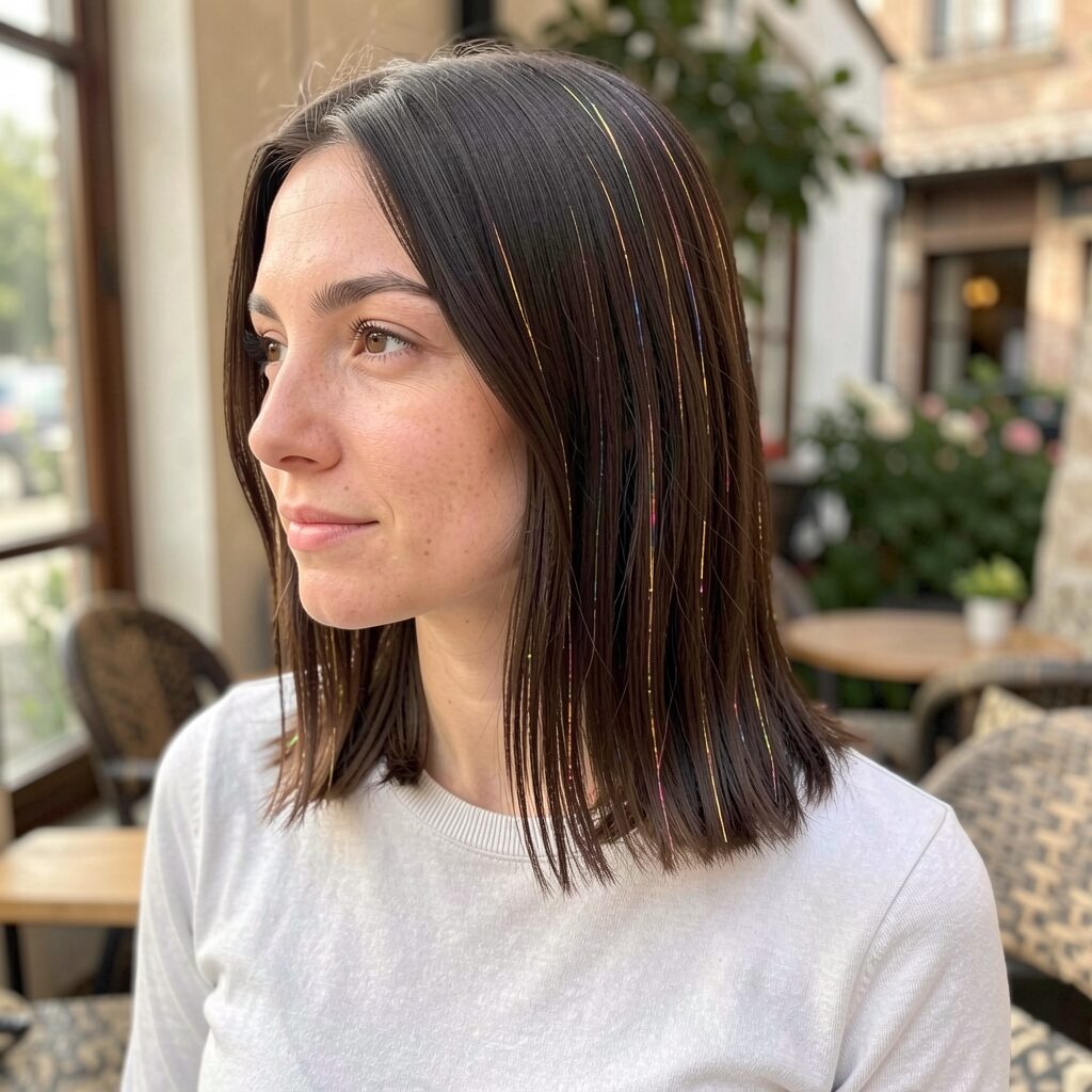 Brunette Lob with Multi-Tonal Hair Tinsel