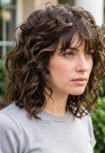blunt bangs curly shoulder