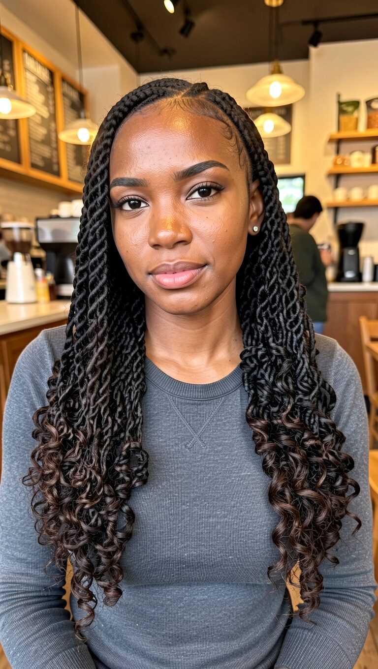 Long box braids decorated with wooden and gold beads