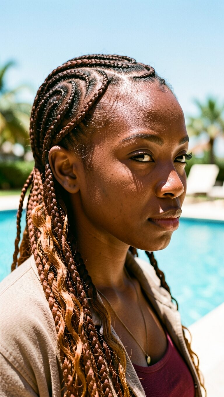 Thick, chunky lemonade braids swept to side