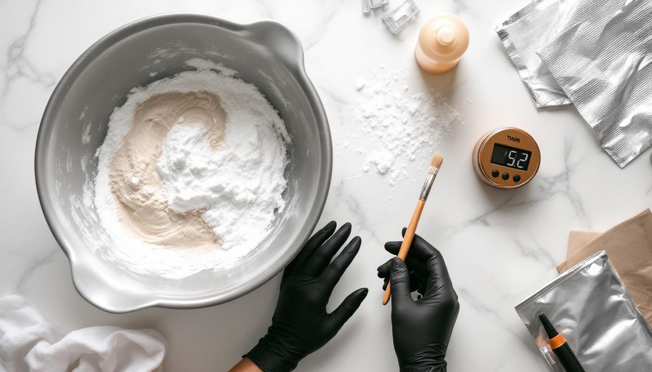 Flat lay of hair bleaching supplies including mixing bowl, bleach powder, developer, and tools