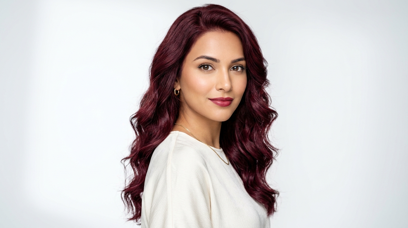 Woman with rich burgundy wine-colored hair showing deep red-violet tones in soft waves