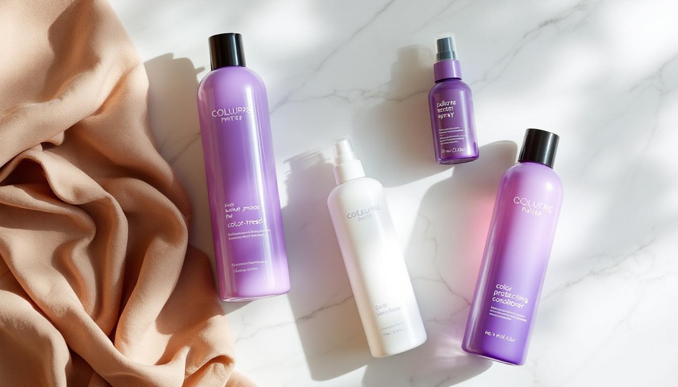Flat lay of purple shampoo, sulfate-free conditioner and color-protecting products