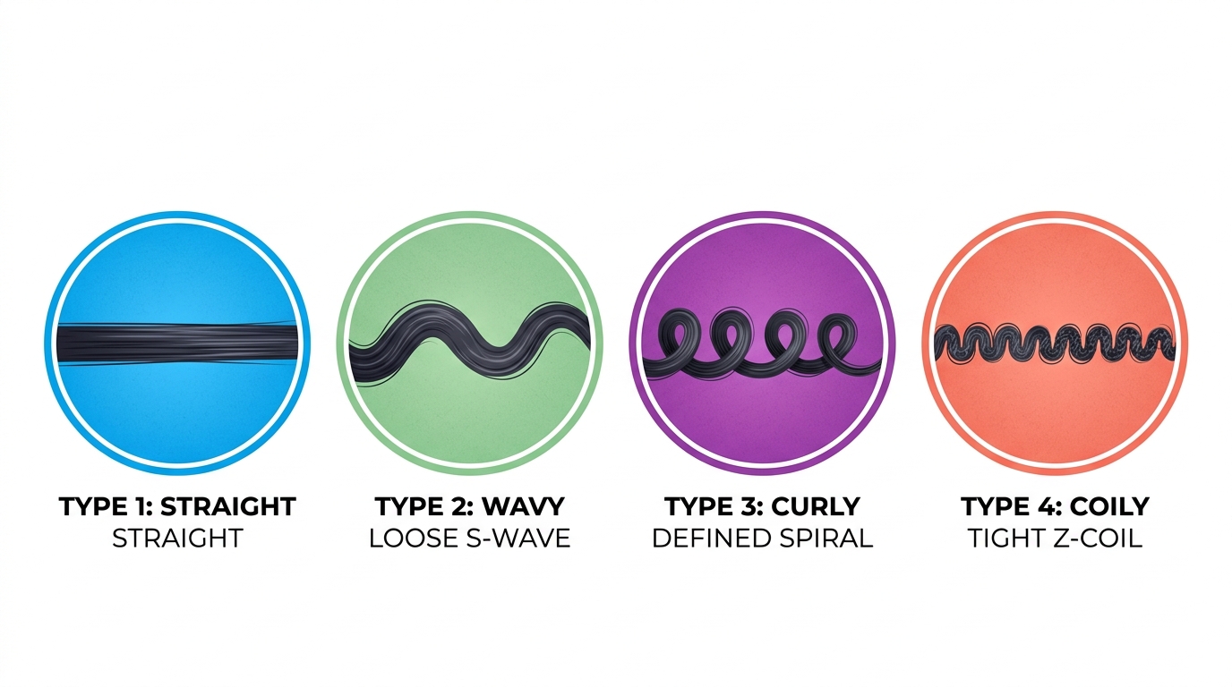 Curl pattern types from straight to wavy to curly to coily