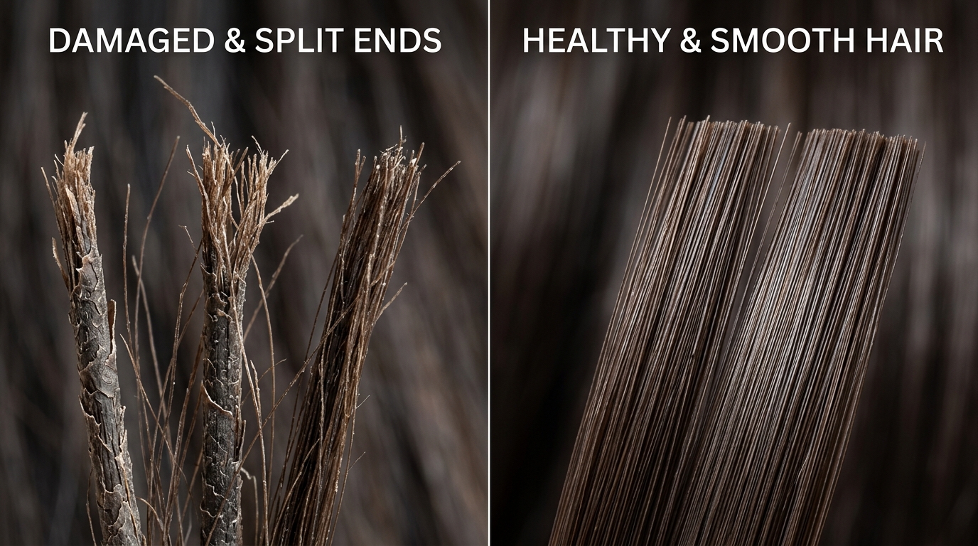 Side by side labeled comparison of damaged dry split ends versus healthy shiny smooth hair strands