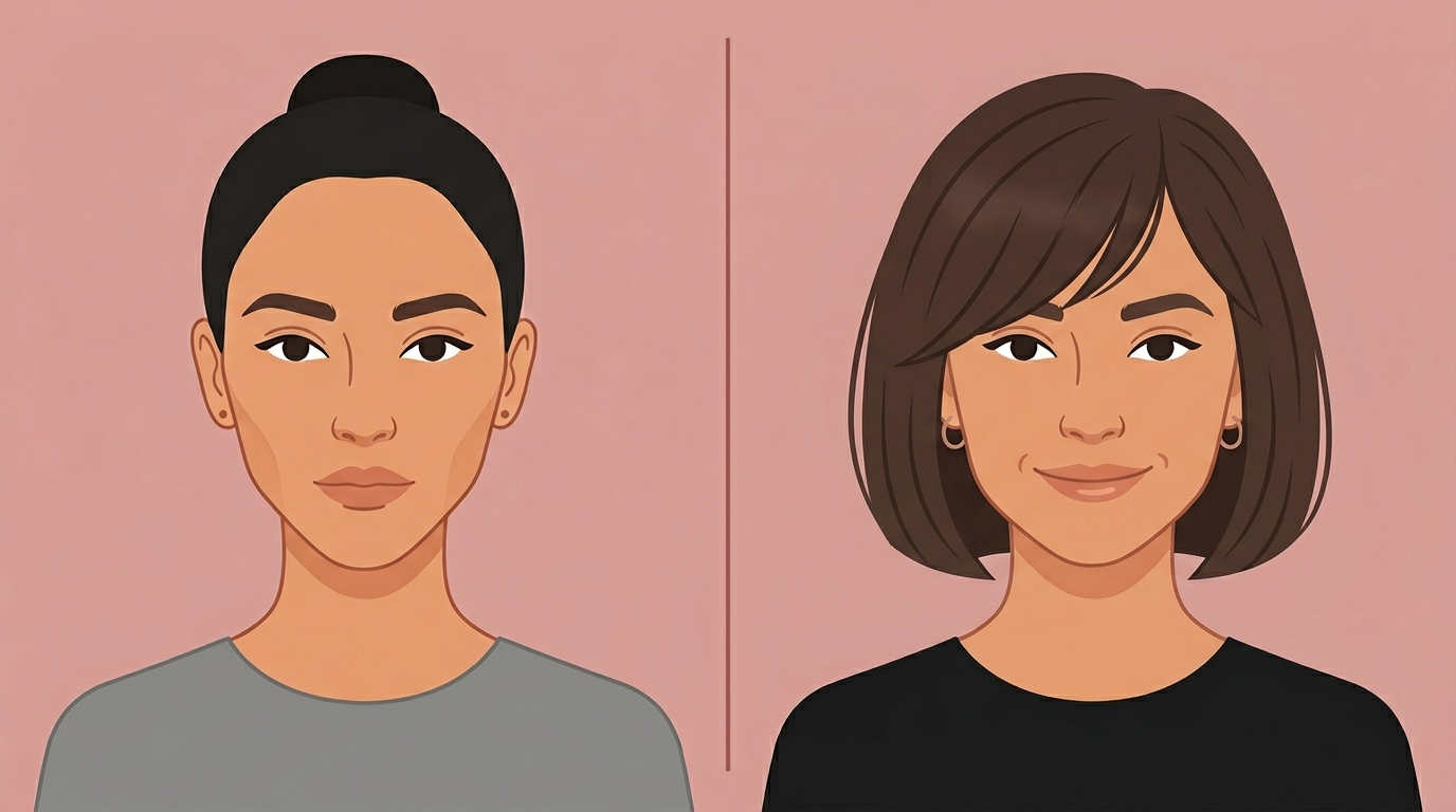 Diamond face shape hairstyle before and after with side-swept bangs and layers