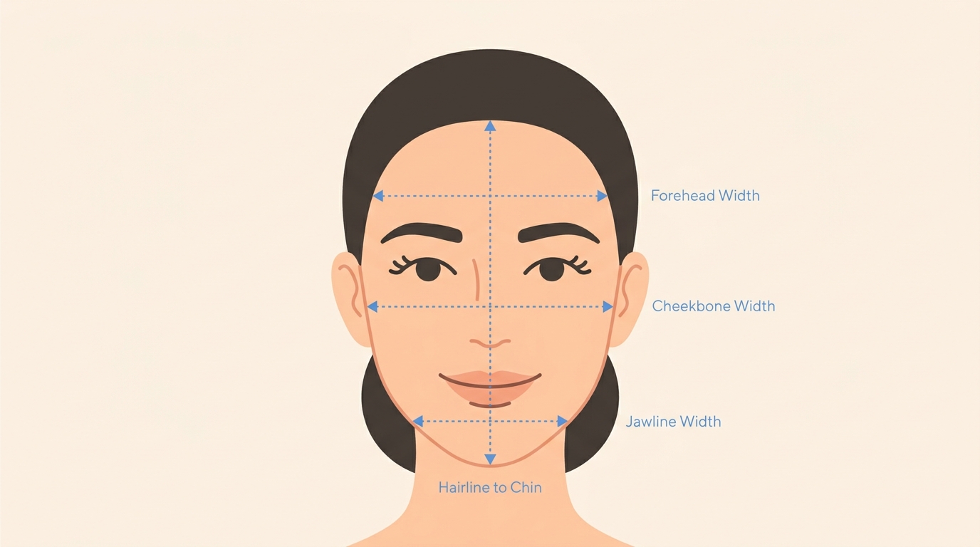 Face shape measurement guide showing forehead, cheekbone, jawline and face length measurements