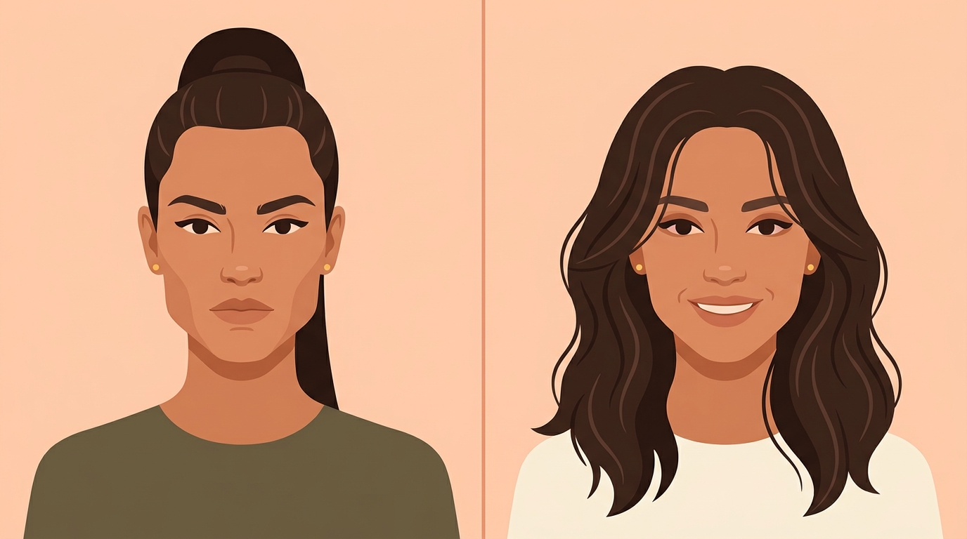 Square face shape hairstyle before and after with soft waves past the jawline