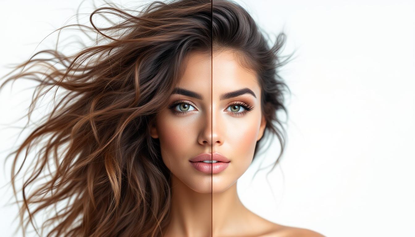 Split comparison of frizzy hair vs smooth controlled hair