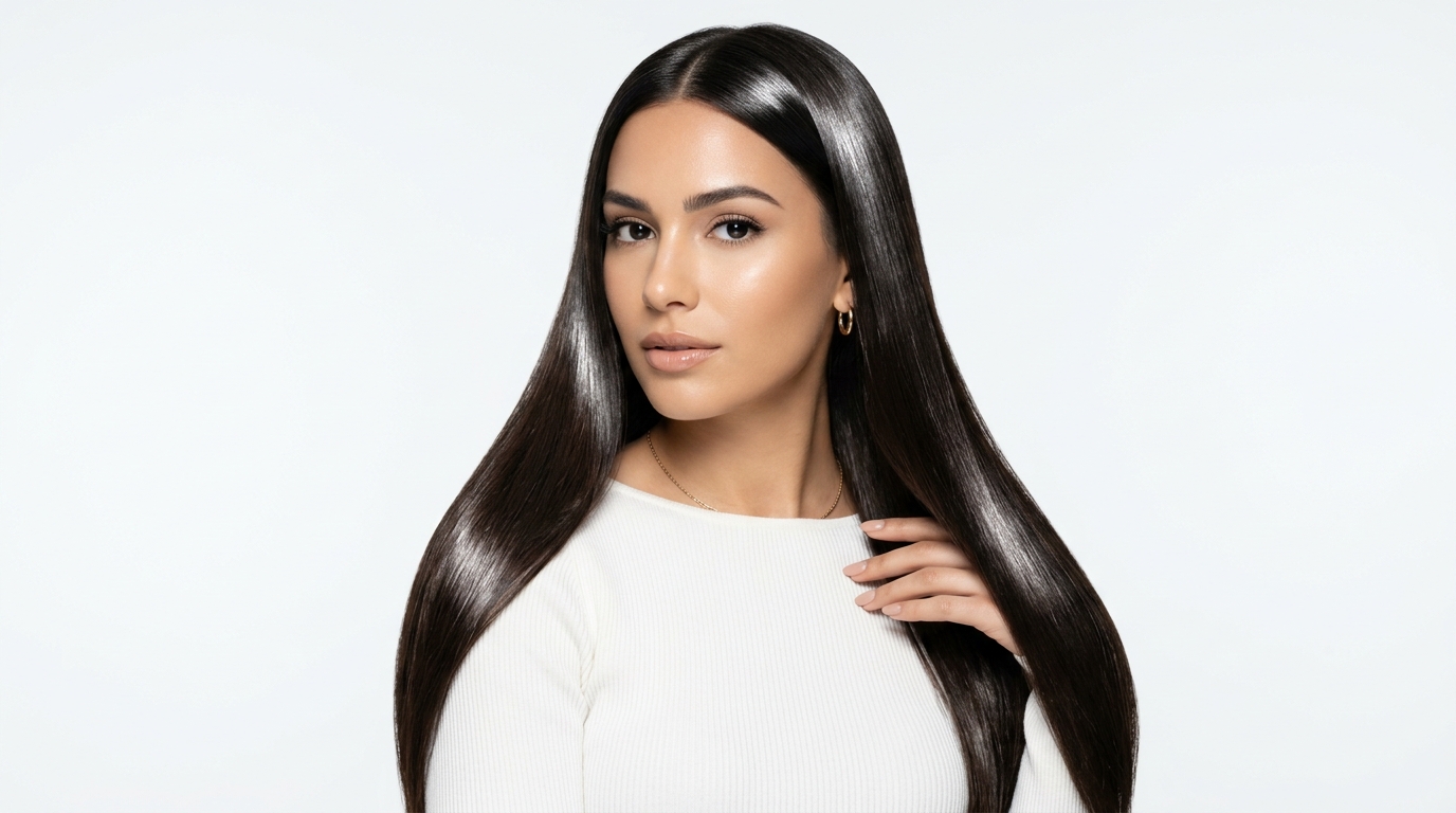 Woman with incredibly glossy shiny hair after hair gloss treatment showing mirror-like shine