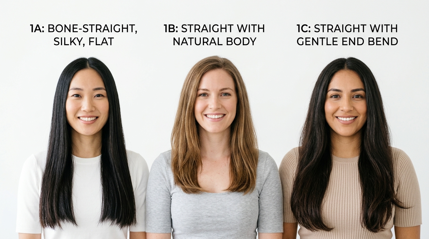 Hair type chart showing Type 1 straight hair subtypes: 1A bone-straight, 1B straight with body, 1C straight with bend