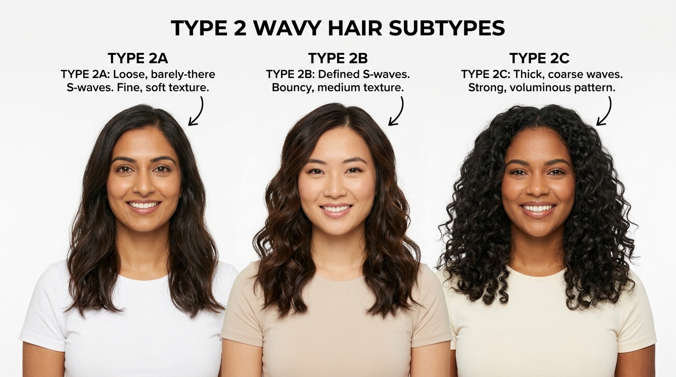 Hair type chart showing Type 2 wavy hair subtypes: 2A loose waves, 2B defined S-waves, 2C coarse waves
