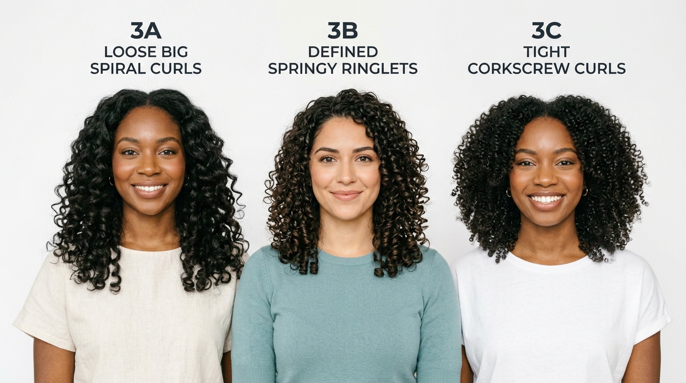 Hair type chart showing Type 3 curly hair subtypes: 3A loose spirals, 3B springy ringlets, 3C tight corkscrews