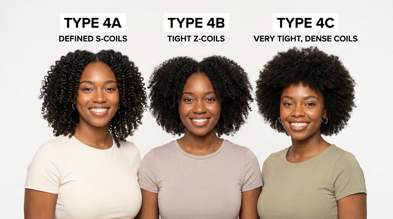 Hair type chart showing Type 4 coily hair subtypes: 4A S-coils, 4B Z-coils, 4C tight dense coils