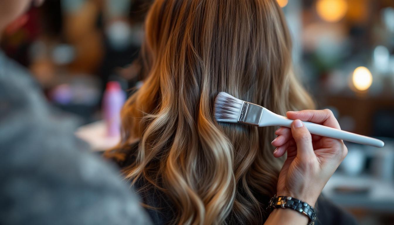 Colorist applying balayage freehand painting technique to hair sections in salon