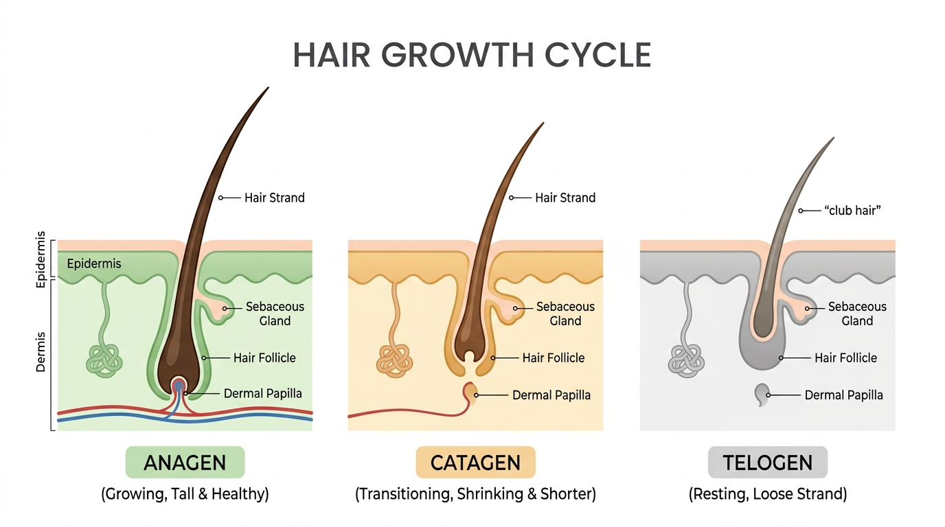Hair growth cycle diagram showing anagen, catagen, and telogen phases