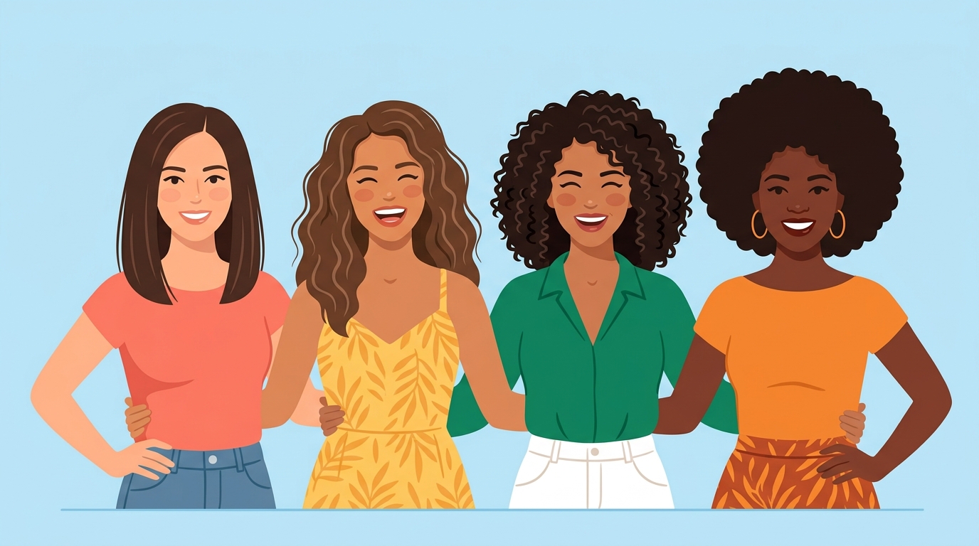 Four women showing different hair textures from straight to wavy to curly to coily