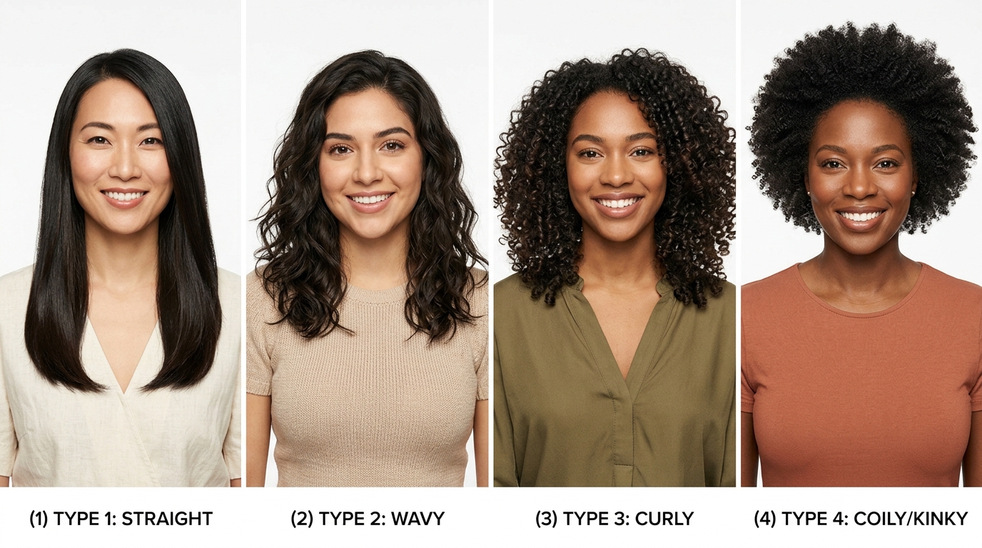 Visual comparison of all four hair types: Type 1 straight, Type 2 wavy, Type 3 curly, and Type 4 coily