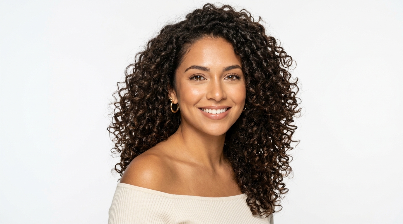Studio beauty portrait of a woman with 3B curly hair showing defined springy ringlets