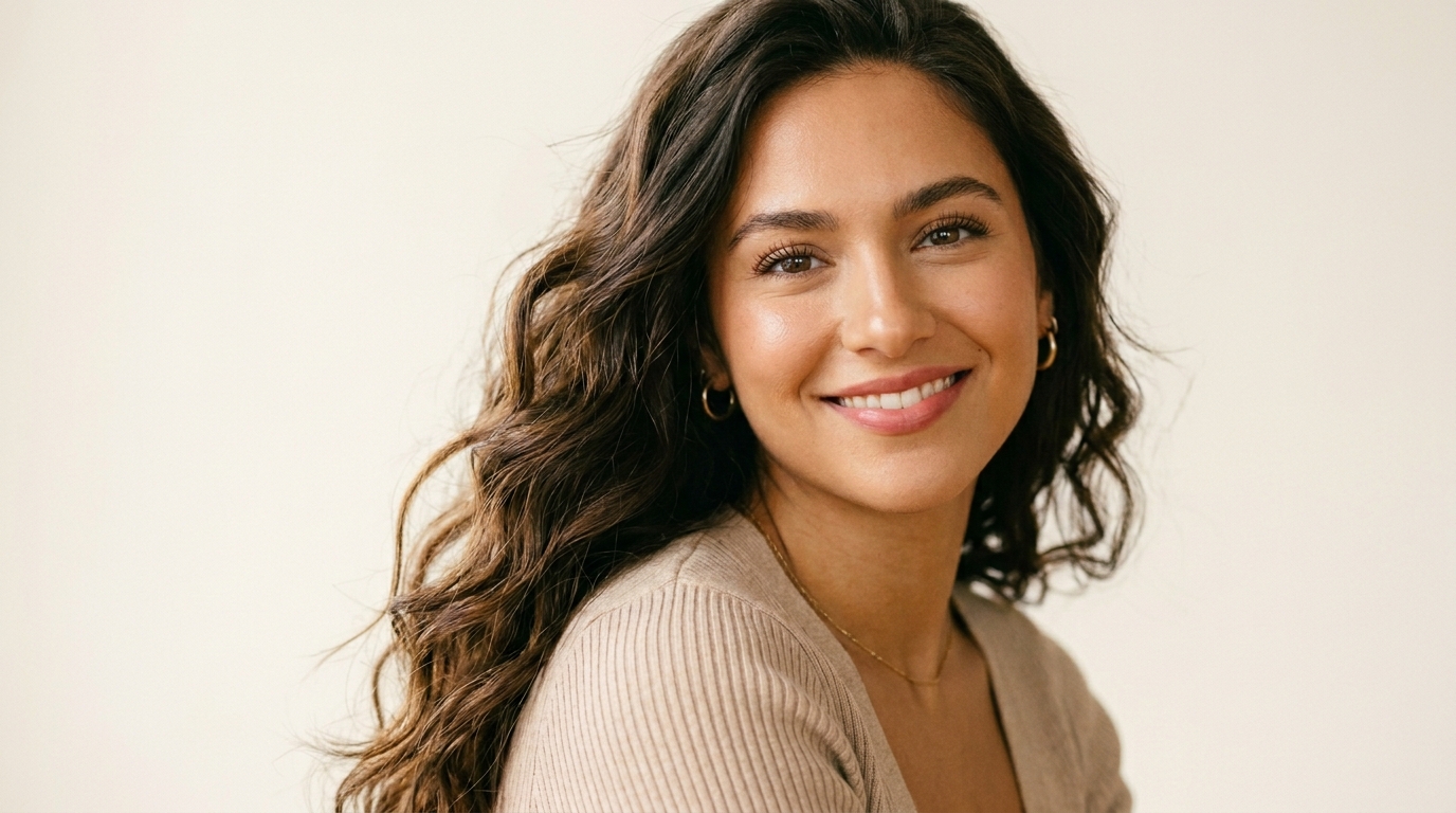 Close-up editorial portrait of a woman with naturally wavy 2B hair showing loose S-wave pattern