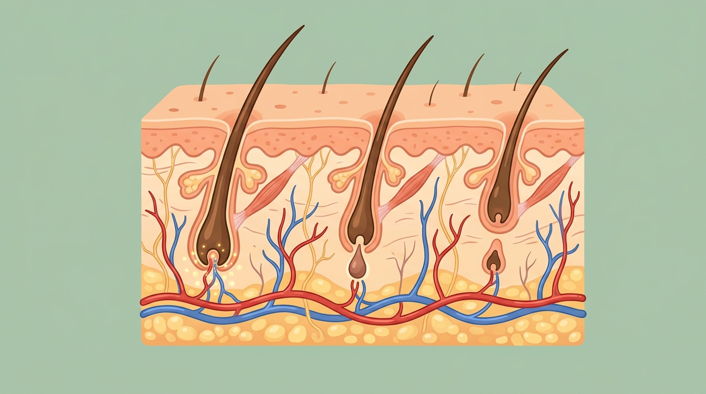 Healthy scalp cross-section showing hair follicle structure and blood supply