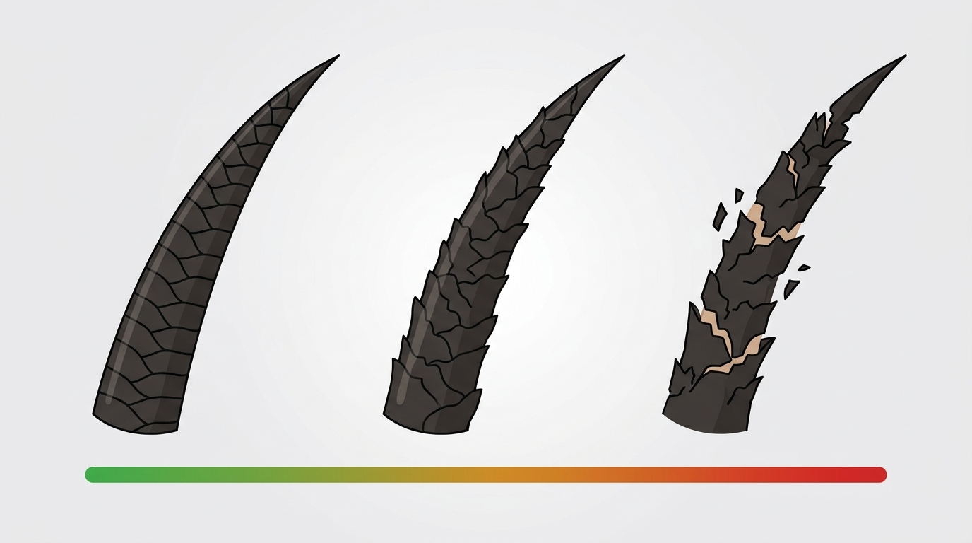 Heat damage progression from healthy hair strand to severely damaged and split ends
