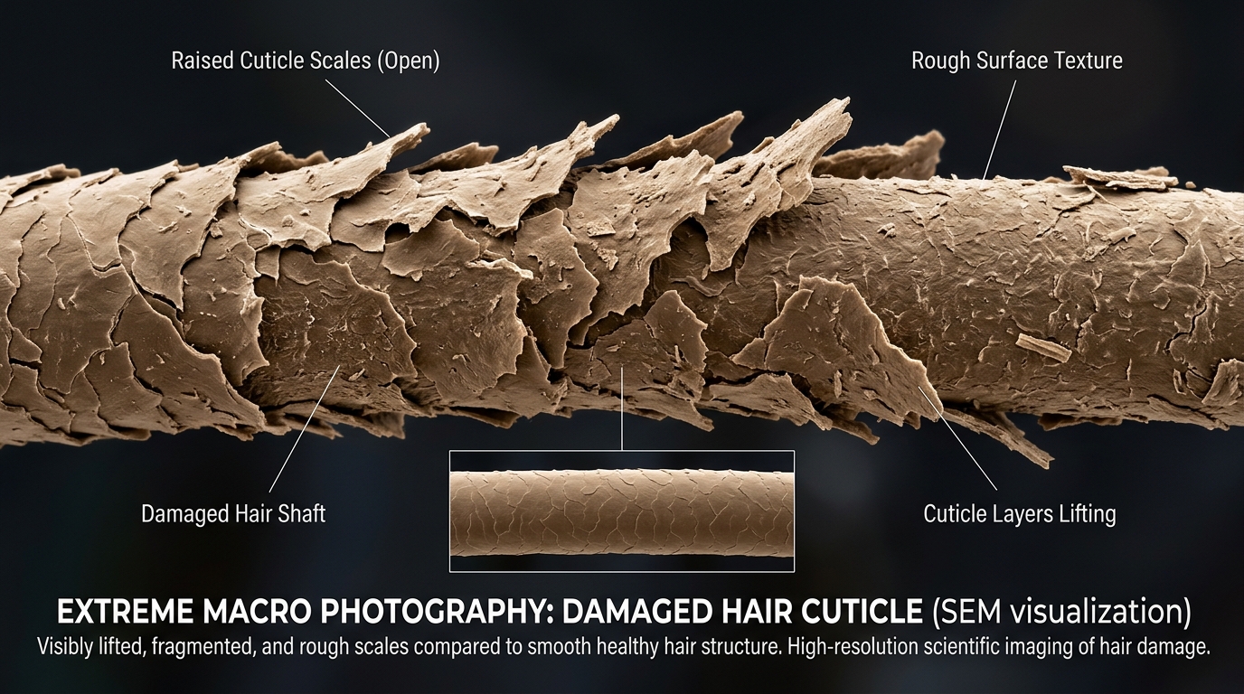 Extreme macro photography showing raised open cuticle scales on a damaged hair strand