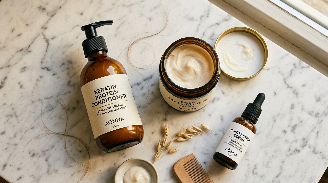 Flat lay of protein treatment hair products including keratin conditioner, deep conditioning mask, and bond repair serum