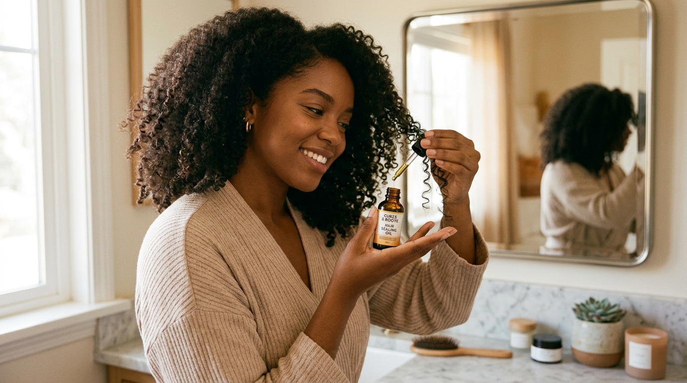 Woman applying oil to seal the ends of her natural curly hair, demonstrating the sealing technique for high porosity hair