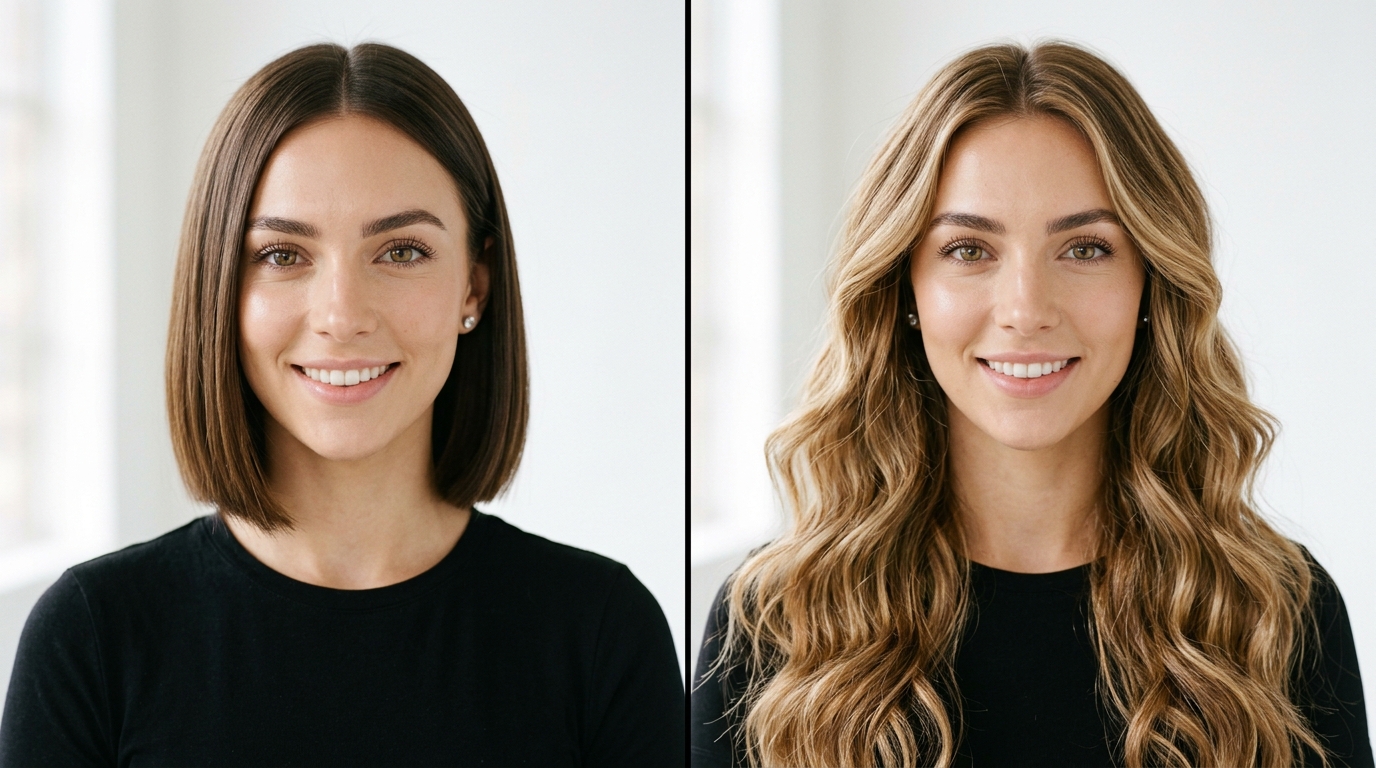 AI hairstyle try on tool showing virtual hair color change before and after