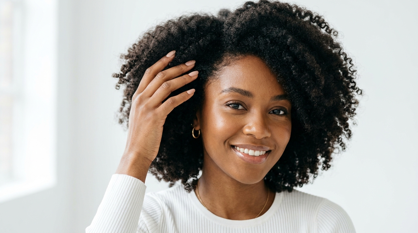 Black woman touching her natural curly hair