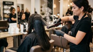 Keratin treatment flat iron in salon with steam