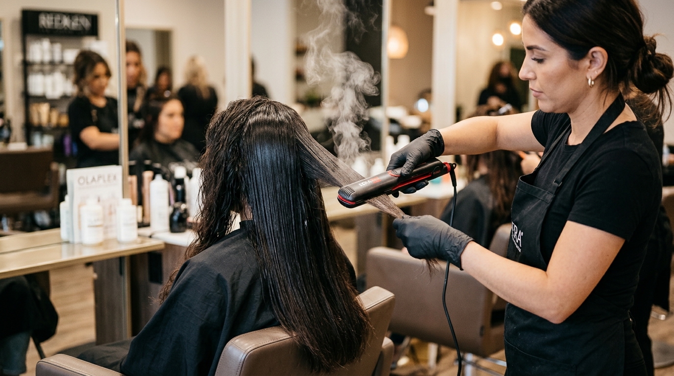 Hairstylist applying keratin treatment using flat iron on hair in salon, steam rising from the iron showing the sealing process